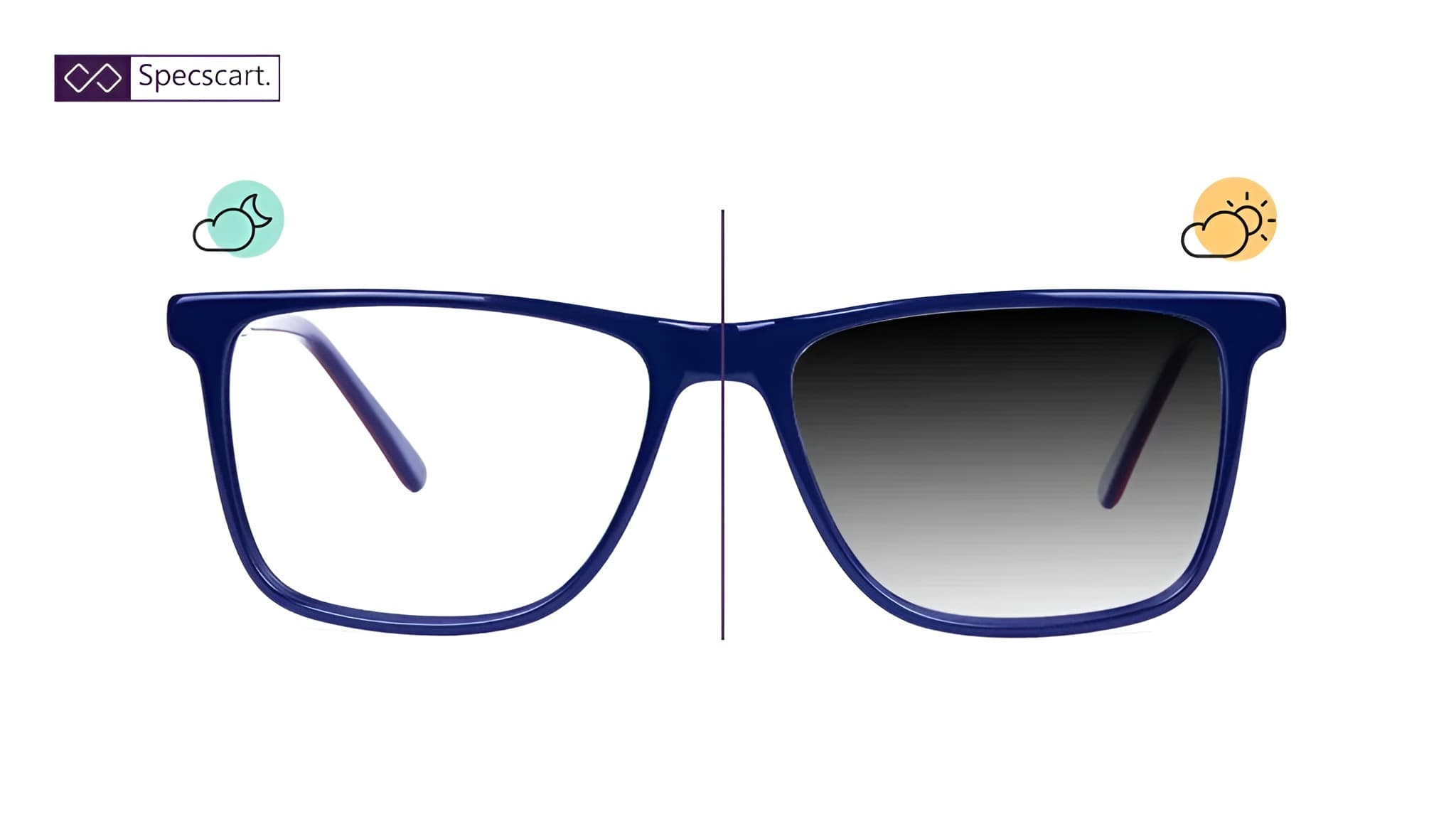 Best Frames for Transitions Lenses Diagram showing photochromic lenses changing from clear under a moon icon to dark grey under a sun icon, illustrating how they adapt to light conditions.