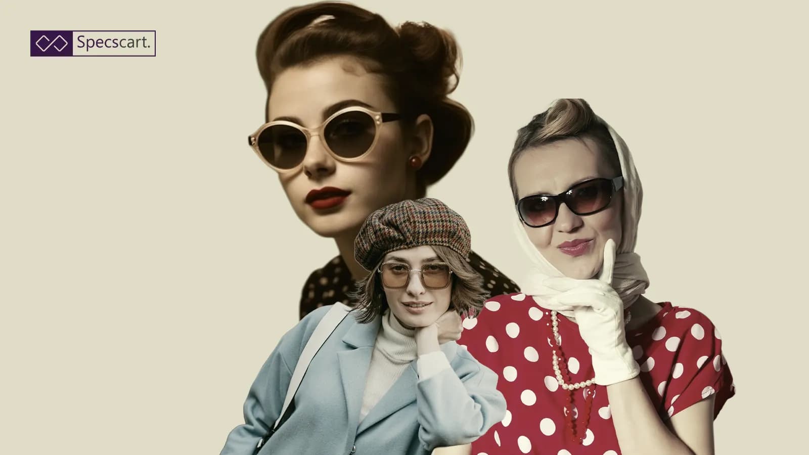 70s Glasses & Sunglasses That Made the Decade Iconic This image is a collage of women in retro styles. The 1970s look is represented by the woman with a cap and light blue coat, who wears small, thin-framed, lightly-tinted glasses, a defining trend of the decade.
