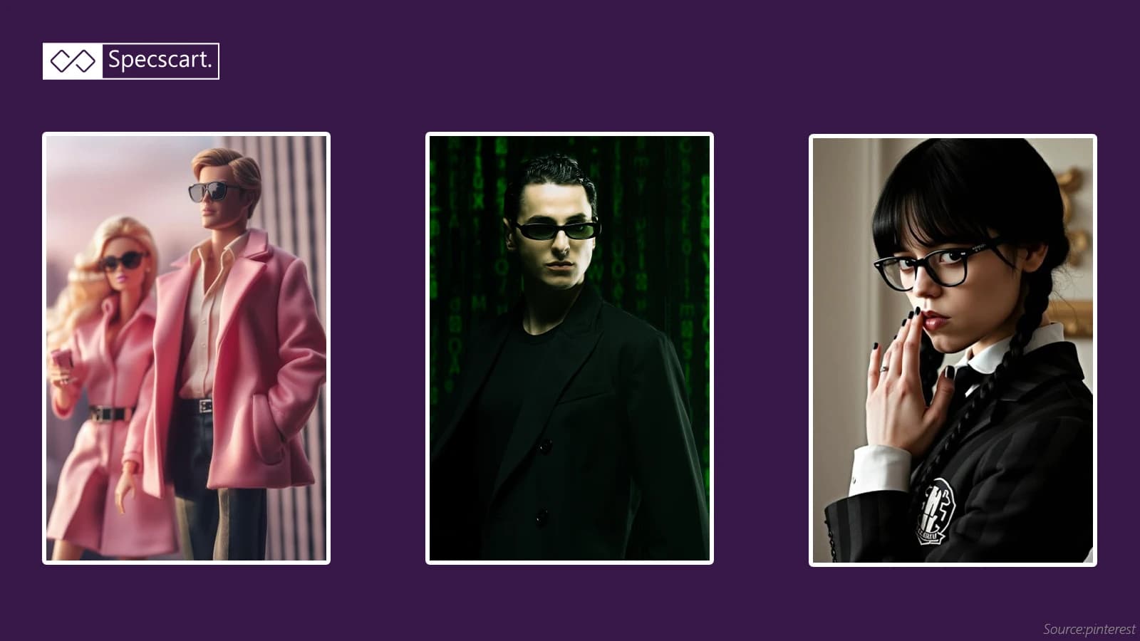 7 Last Minute Halloween Outfits to Pair With Your Everyday Glasses Collage of retro and pop culture-inspired looks for Halloween. Barbie and Ken style couple in pastel outfits, Matrix-inspired Neo in a black trench coat with tiny oval sunglasses, and Wednesday Addams in gothic pigtails with a black dress