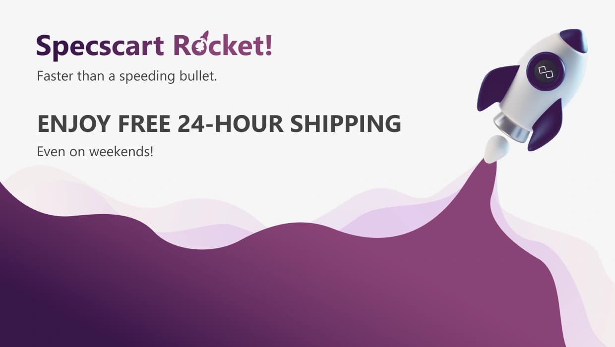 Banner promoting Specscart Rocket’s free 24-hour shipping, featuring bold white text on a purple background and a stylised rocket with the Specscart logo flying diagonally, leaving a trail.