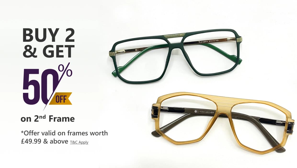 Banner promoting ‘Buy 2 & Get 50% Off on 2nd Frame’ offer, with bold black and yellow text and two pairs of stylish Specscart glasses, one in amber and one in tortoiseshell, displayed against a clean white background.
