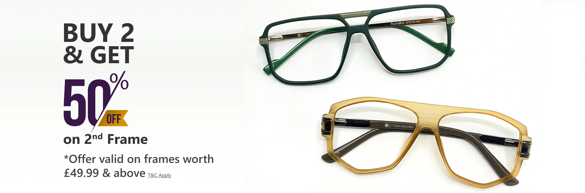 Banner promoting ‘Buy 2 & Get 50% Off on 2nd Frame’ offer, with bold black and yellow text and two pairs of stylish Specscart glasses, one in amber and one in tortoiseshell, displayed against a clean white background.