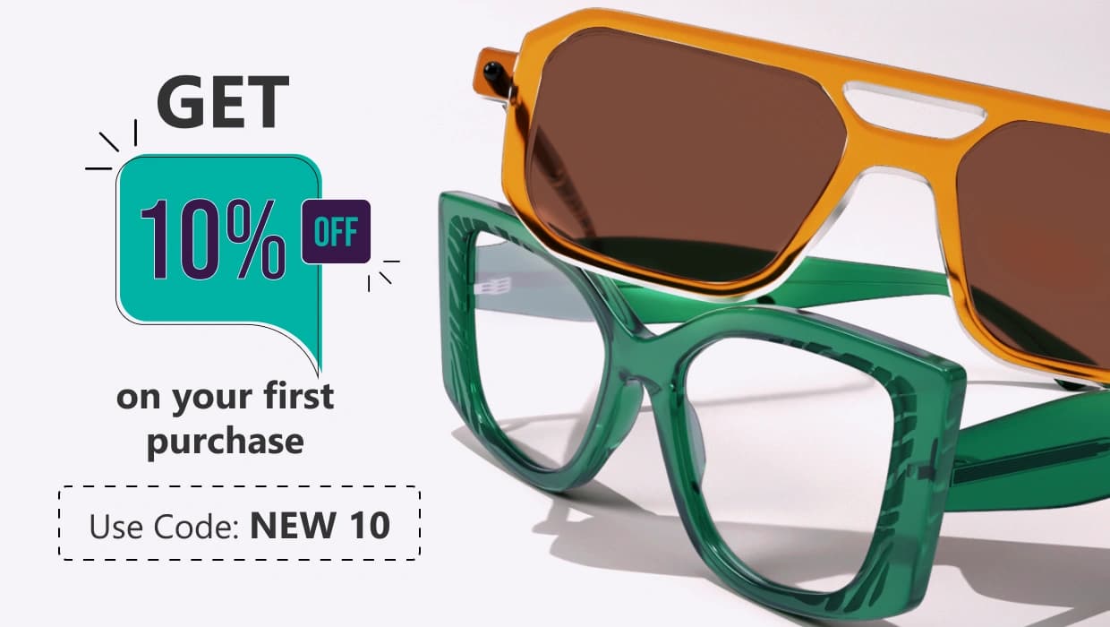 Banner with text ‘Get 10% Off On Your First Purchase. Use Code: NEW10’ alongside a pair of round black glasses with thin gold detailing, placed on a white cylindrical surface.