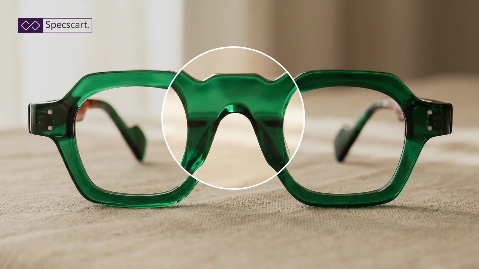 Types of Nose Bridges for Glasses Close-up of green acetate glasses with a magnified view of the saddle nose bridge, highlighting the frame's design and fit on a neutral background.