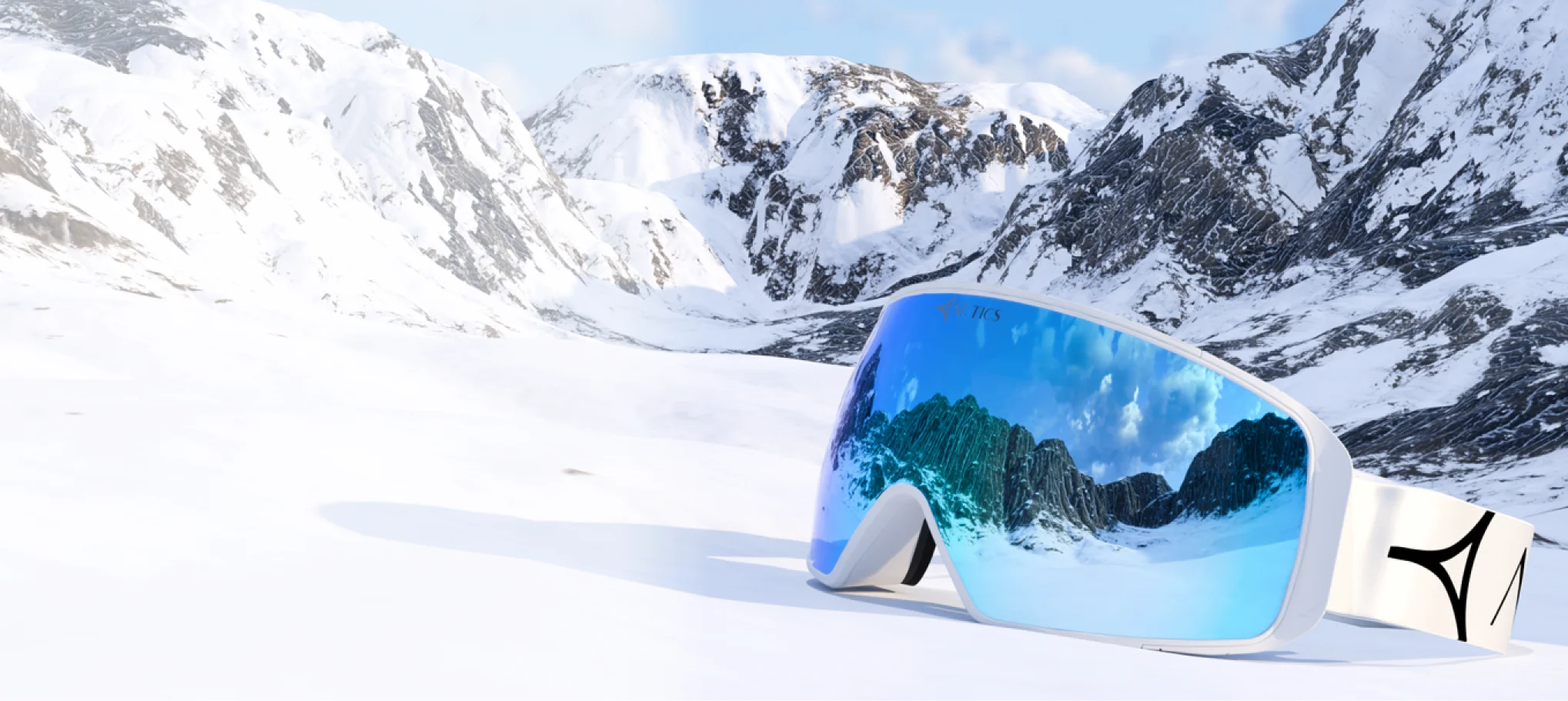 Ski goggles with a large, mirrored lens in icy blue, reflecting a dramatic snow-covered mountain landscape and cloudy sky. The goggles feature a sleek white frame and matching strap, prominently displaying the Specscart Actics logo in bold black. Placed in the foreground on pristine snow, the goggles stand out for their modern design and winter sports appeal, emphasising clarity, style, and adventure in a high-altitude setting.