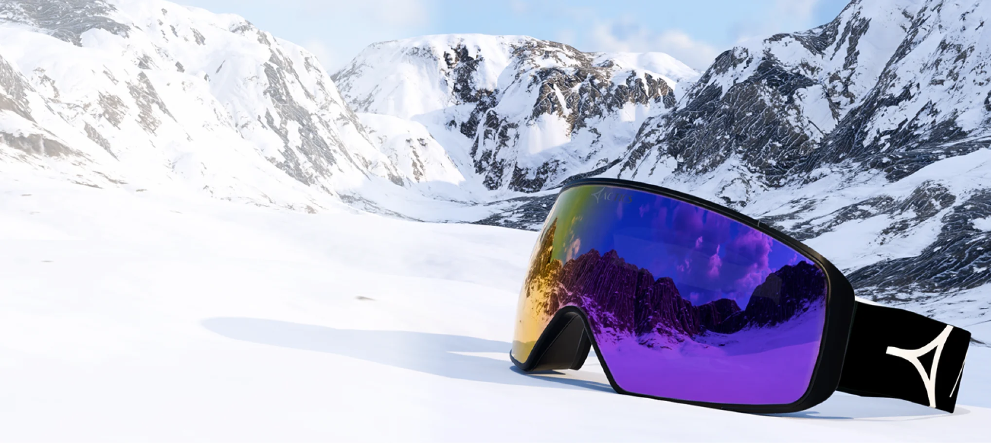 Ski goggles with a curved, mirrored lens reflecting a dramatic snowy mountain landscape and a vibrant purple sky. The purple colour gradient on the lens stands out against the crisp white snow and rugged peaks in the background. Set on a black strap with the Specscart Actics logo in bold white, the goggles are angled prominently in the foreground, conveying a sense of premium style and advanced winter sports gear.
