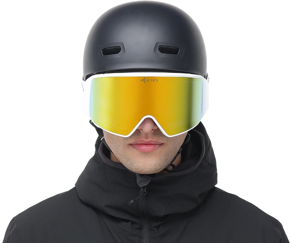 eagle 2 Front view of the Specscart Eagle ski goggles designed for professional skiers, shown with a large golden-mirrored lens, seamless white frame, and paired with a matte black ski helmet and high-collar black jacket.