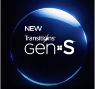 Transitions Lenses: A glowing, stylised blue sphere with 'NEW Transitions Gen S' text, representing the advanced technology and adaptive nature of Transitions lenses.