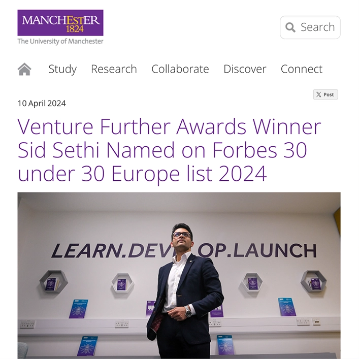 Venture Further Awards Winner Sid Sethi Named on Forbes 30 under 30 Europe list 2024