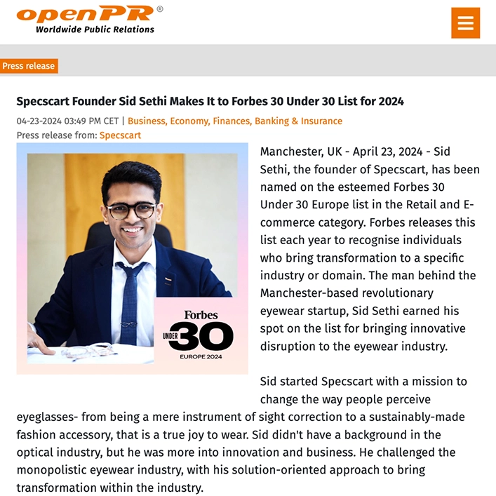 Specscart Founder Sid Sethi Makes It to Forbes 30 Under 30 List for 2024