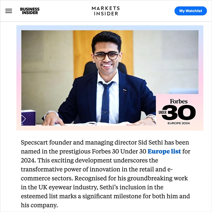 Specscart Founder Sid Sethi Named on Forbes 30 Under 30 Europe List