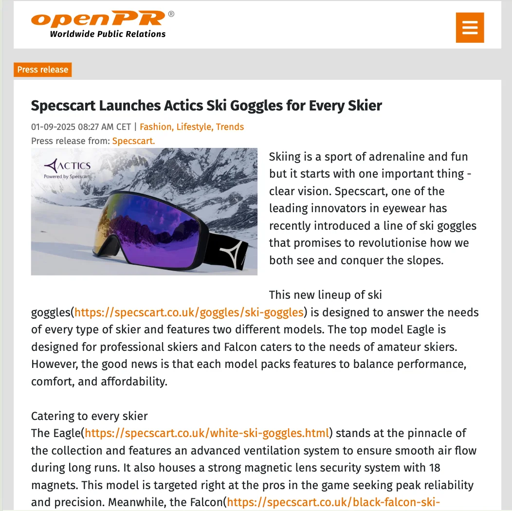 Specscart Launches Actics Ski Goggles for Every Skier