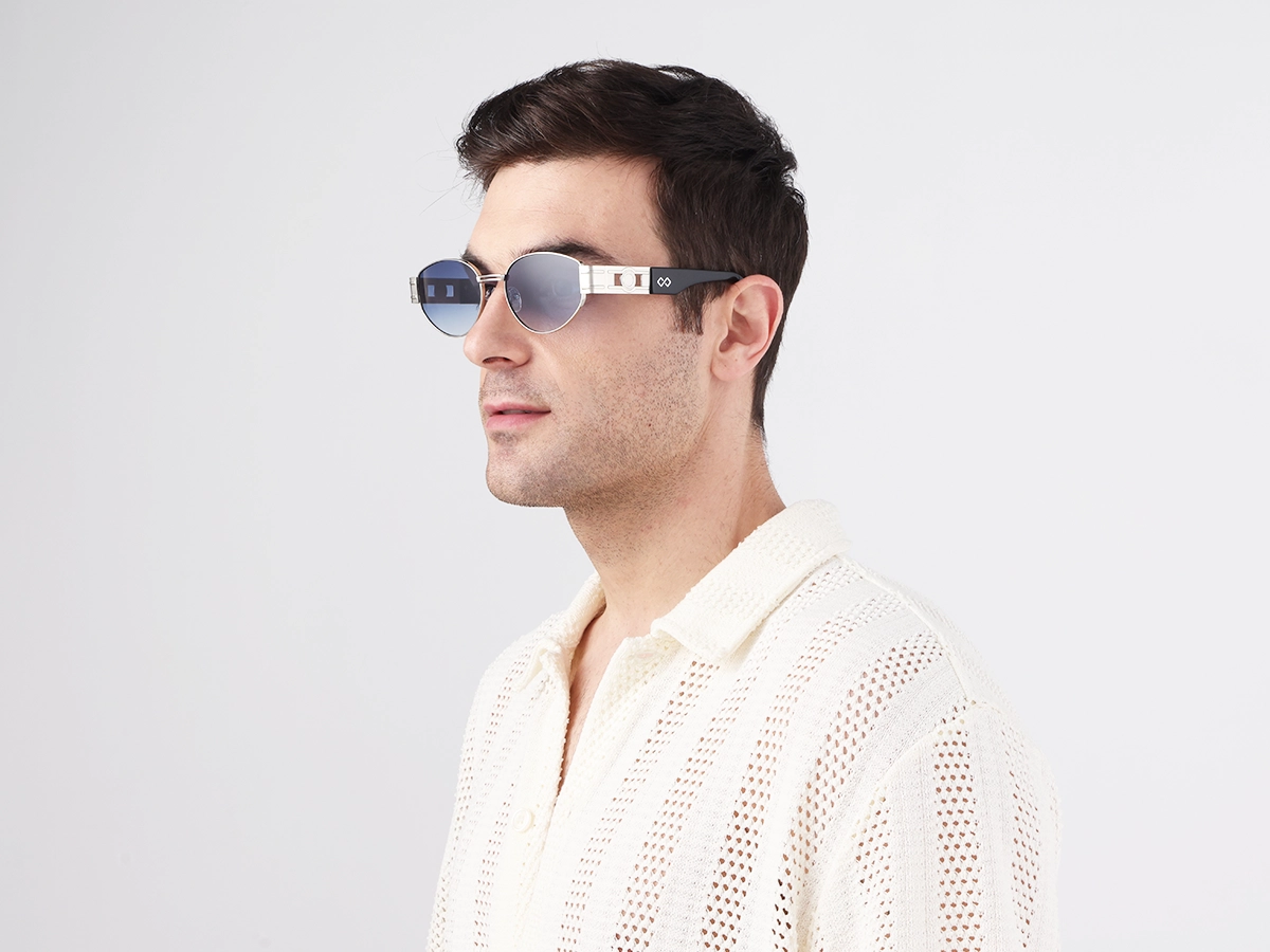 Silver Metal Frame Oval Sunglasses With Blue Tint-1