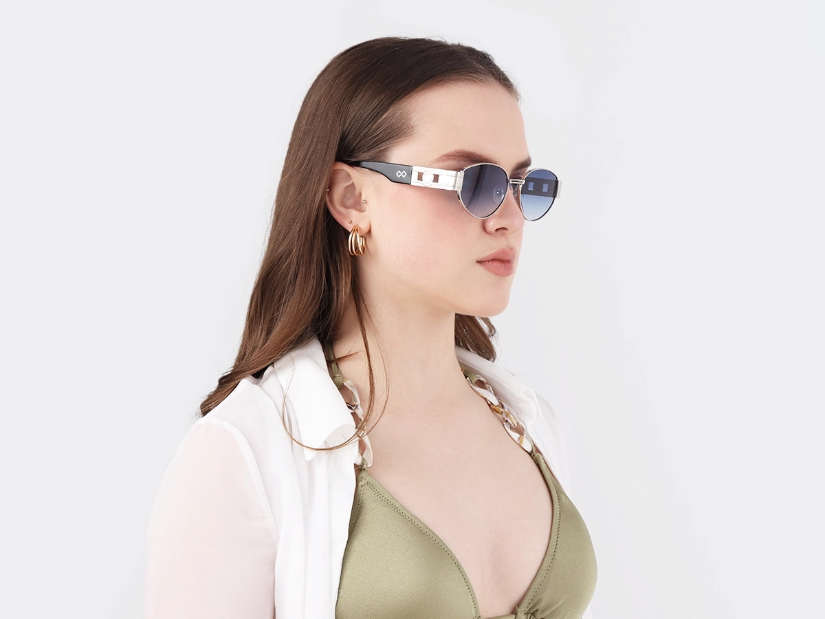 Silver Metal Frame Oval Sunglasses With Blue Tint-1