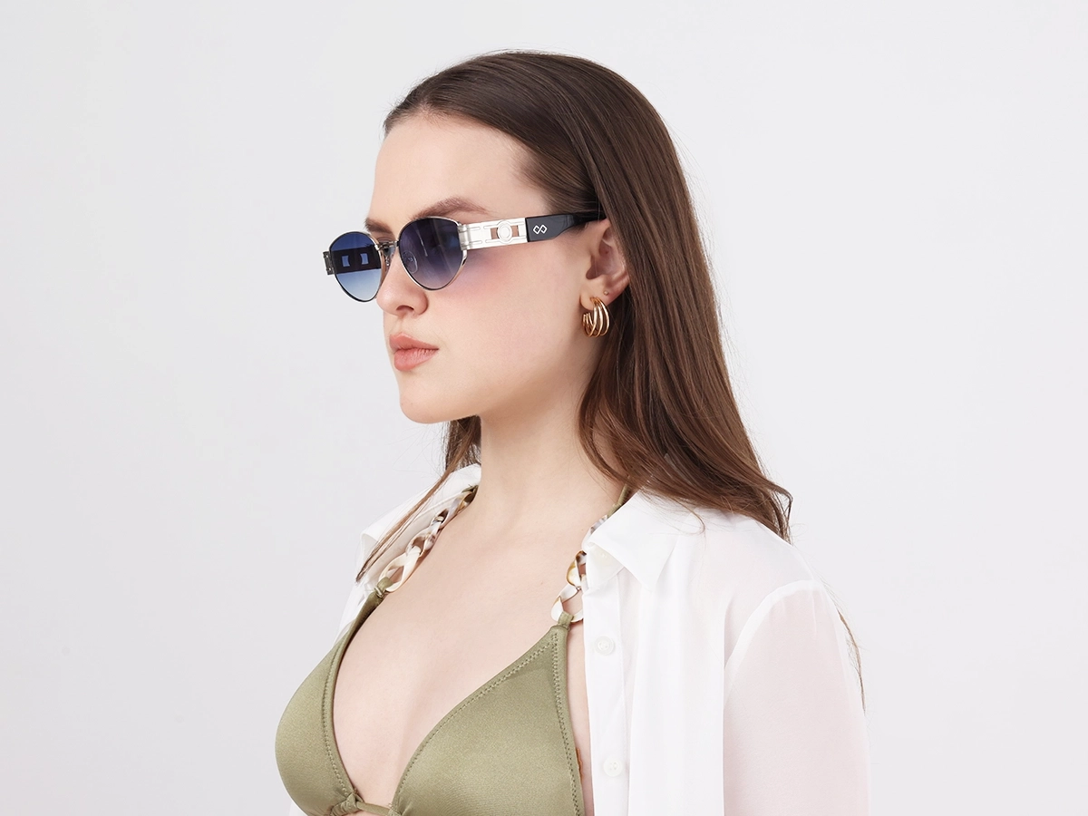 Silver Metal Frame Oval Sunglasses With Blue Tint-1