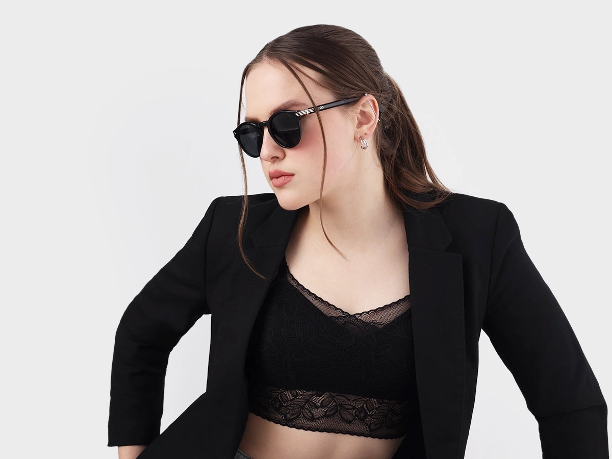 Black Round Acetate Full Rim Sunglasses-1