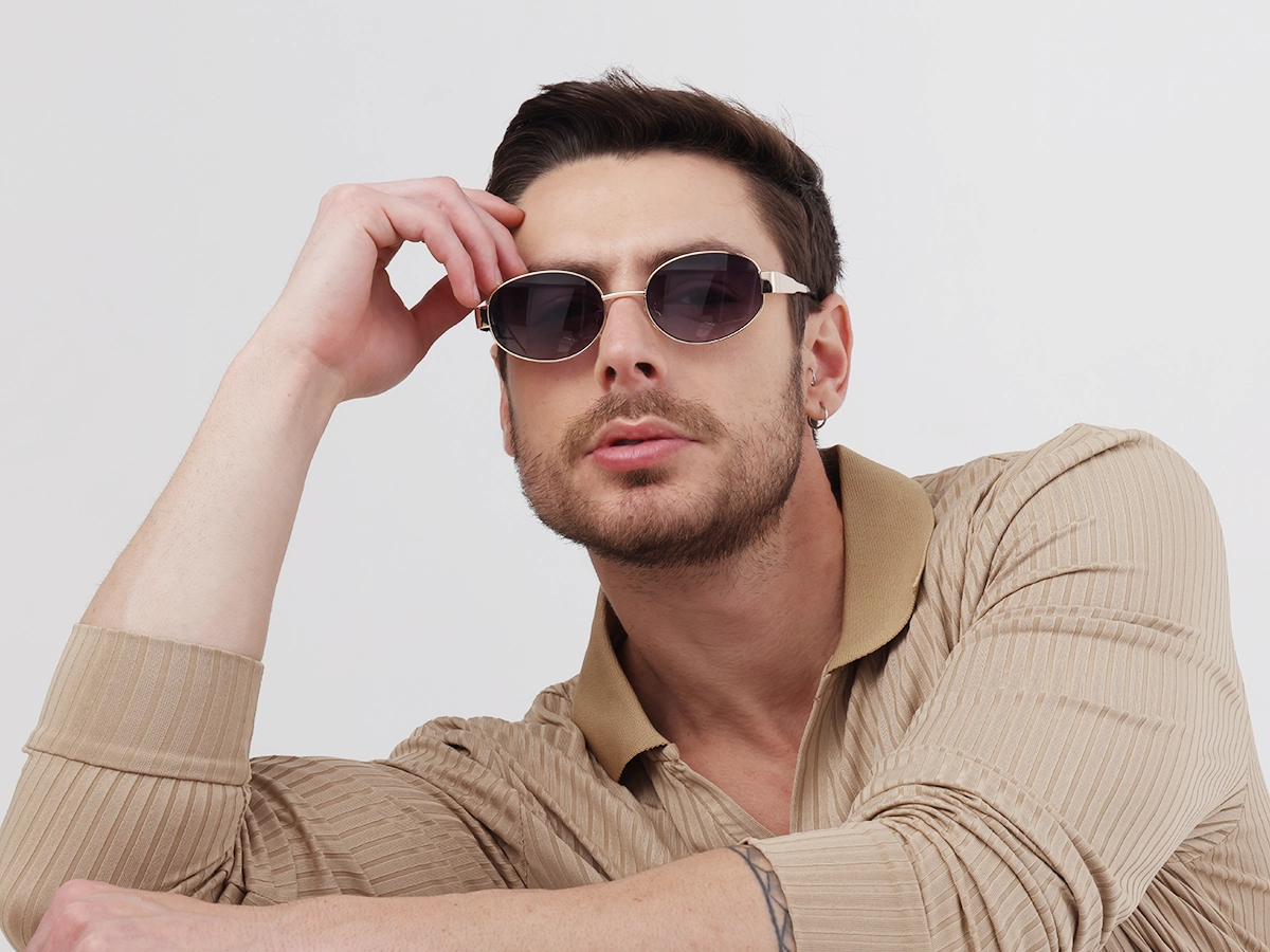 Champagne Gold Oval Metal Full Rim Sunglasses-1