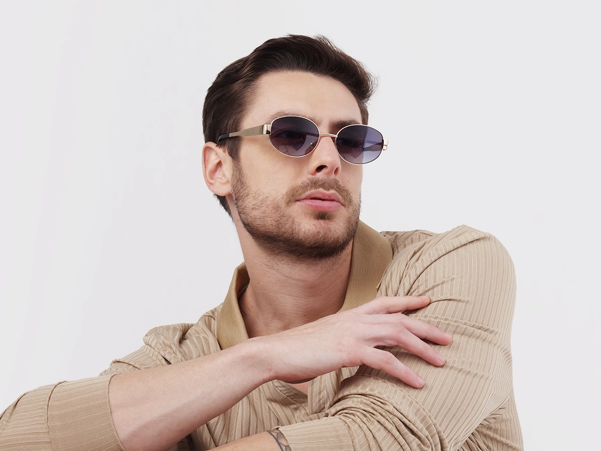 Champagne Gold Oval Metal Full Rim Sunglasses-1