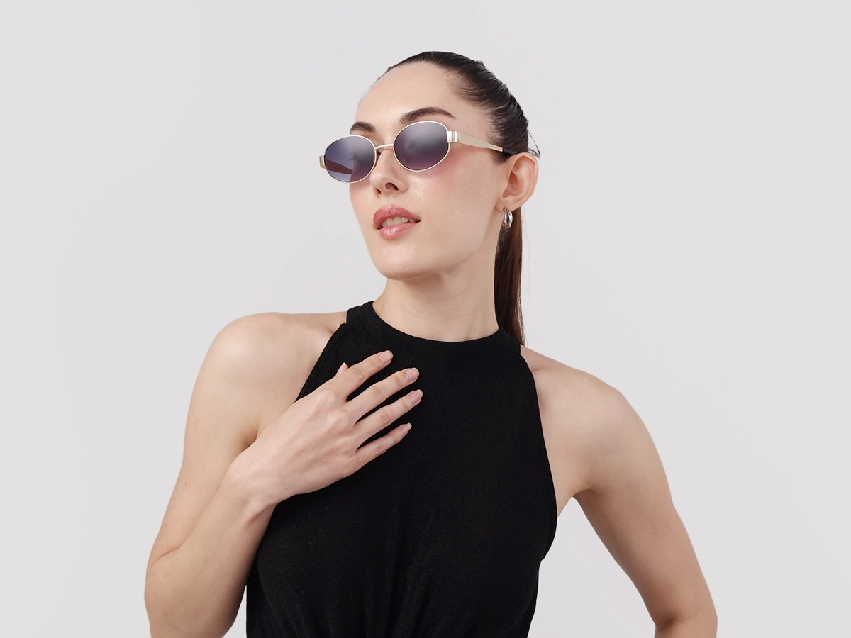 Champagne Gold Oval Metal Full Rim Sunglasses-1