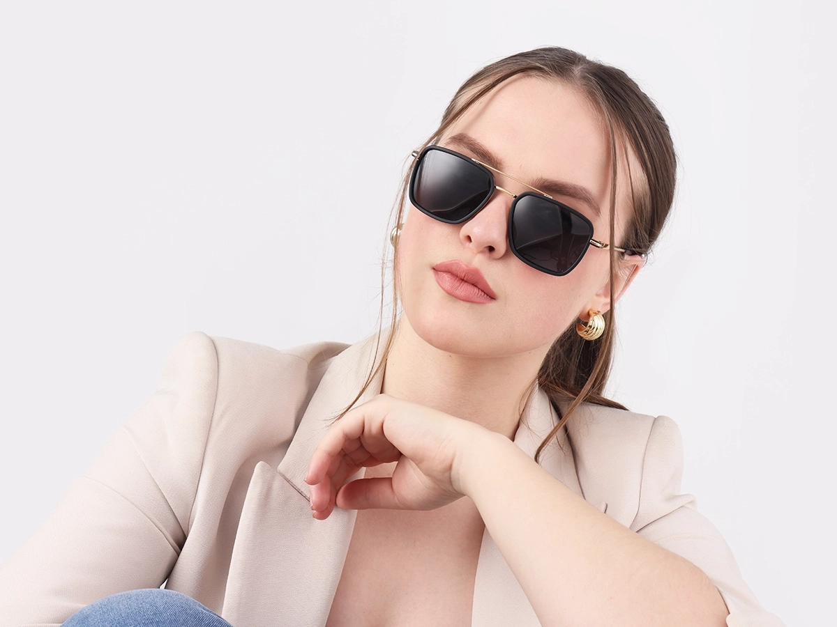 Matte Black & Gold Square Pilot Sunglasses 1
