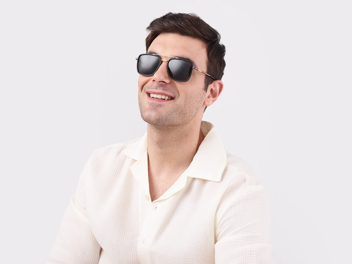 Matte Black & Gold Square Pilot Sunglasses 1