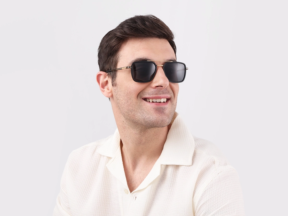 Matte Black & Gold Square Pilot Sunglasses 1