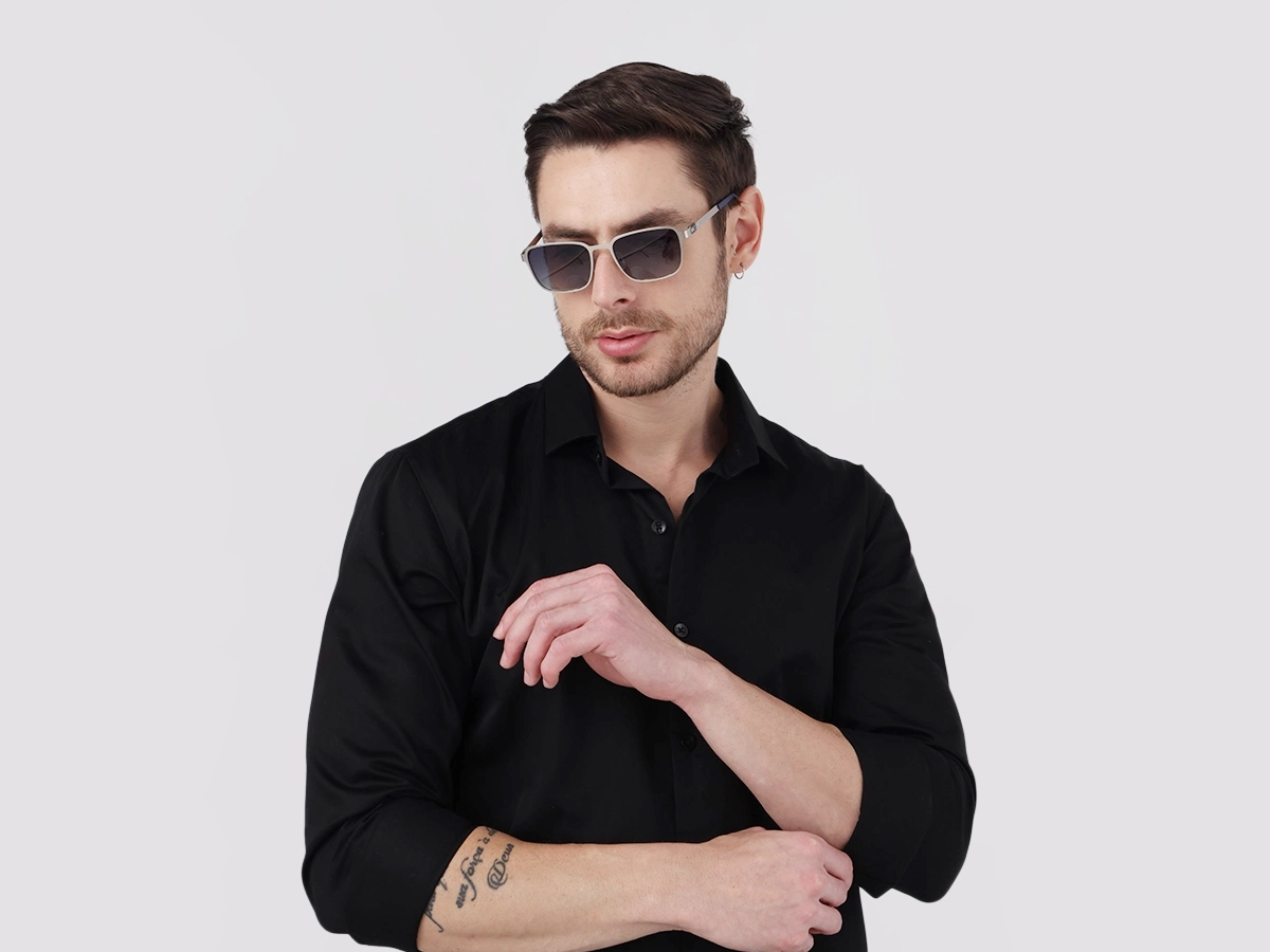 Matte Silver Rectangle Metal Full-Rim Sunglasses 1
