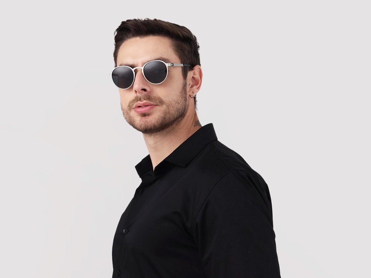 Matte Silver Round Metal Full-Rim Sunglasses 1