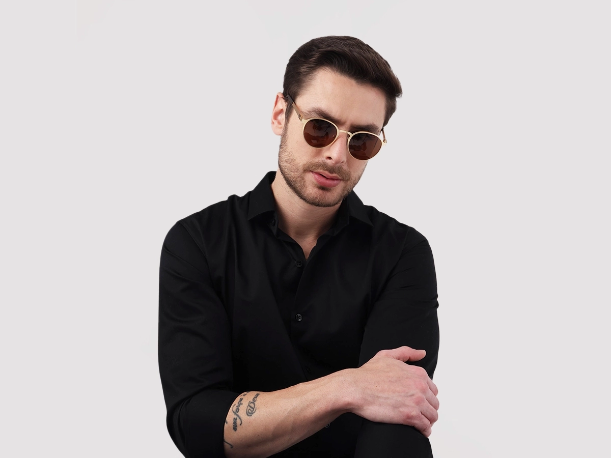 Matte Gold Spring Hinge Round Frame Sunglasses 1