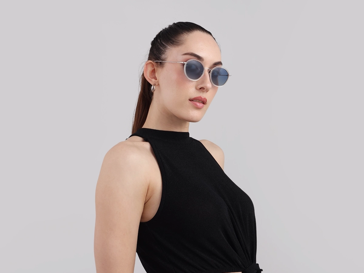 Crystal Clear & Silver Round Sunglasses | Specscart-1