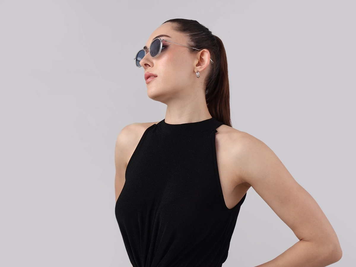 Crystal Clear & Silver Round Sunglasses | Specscart-1