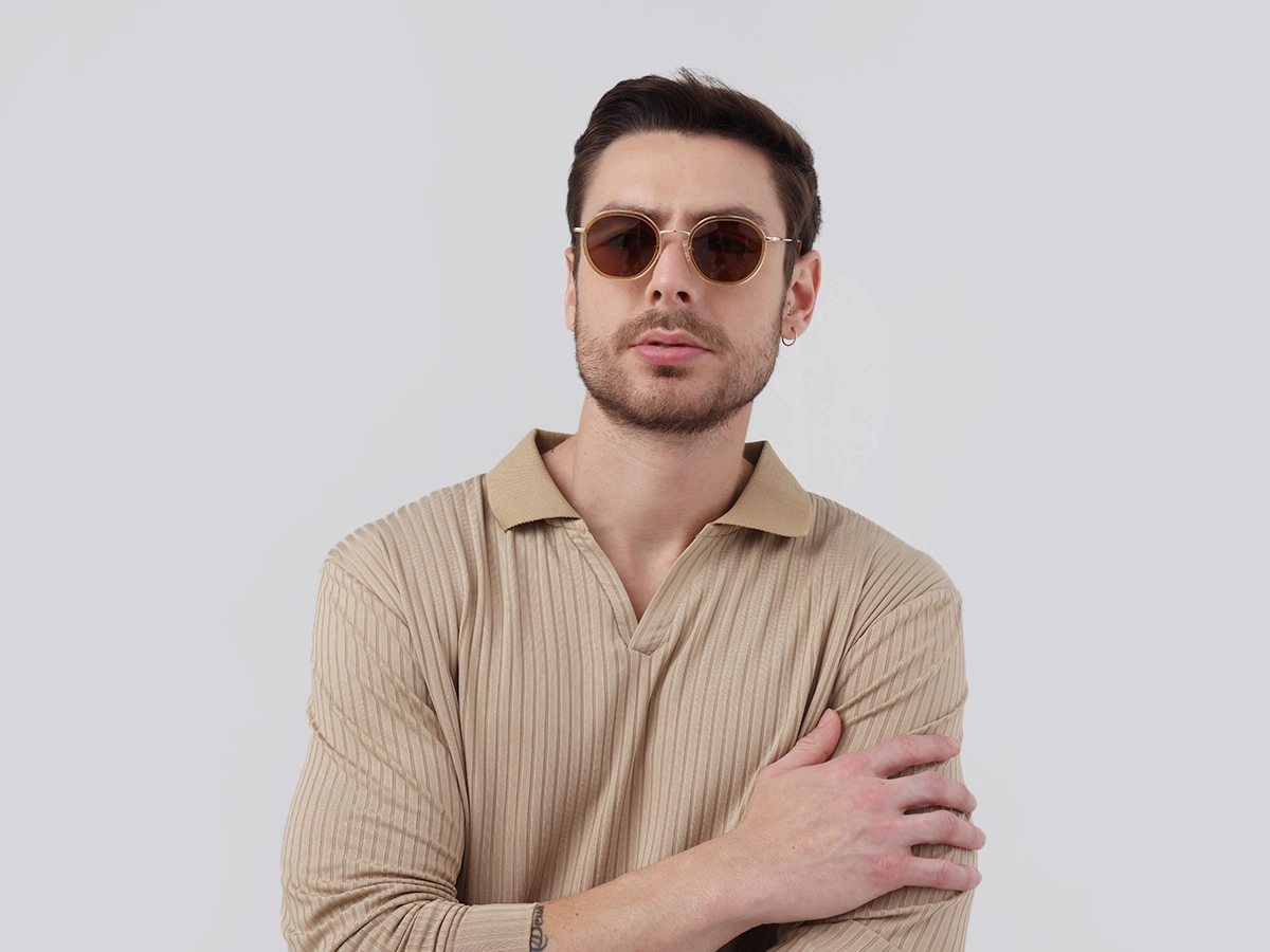 Crystal Champagne Gold Round Sunglasses | Specscart-1