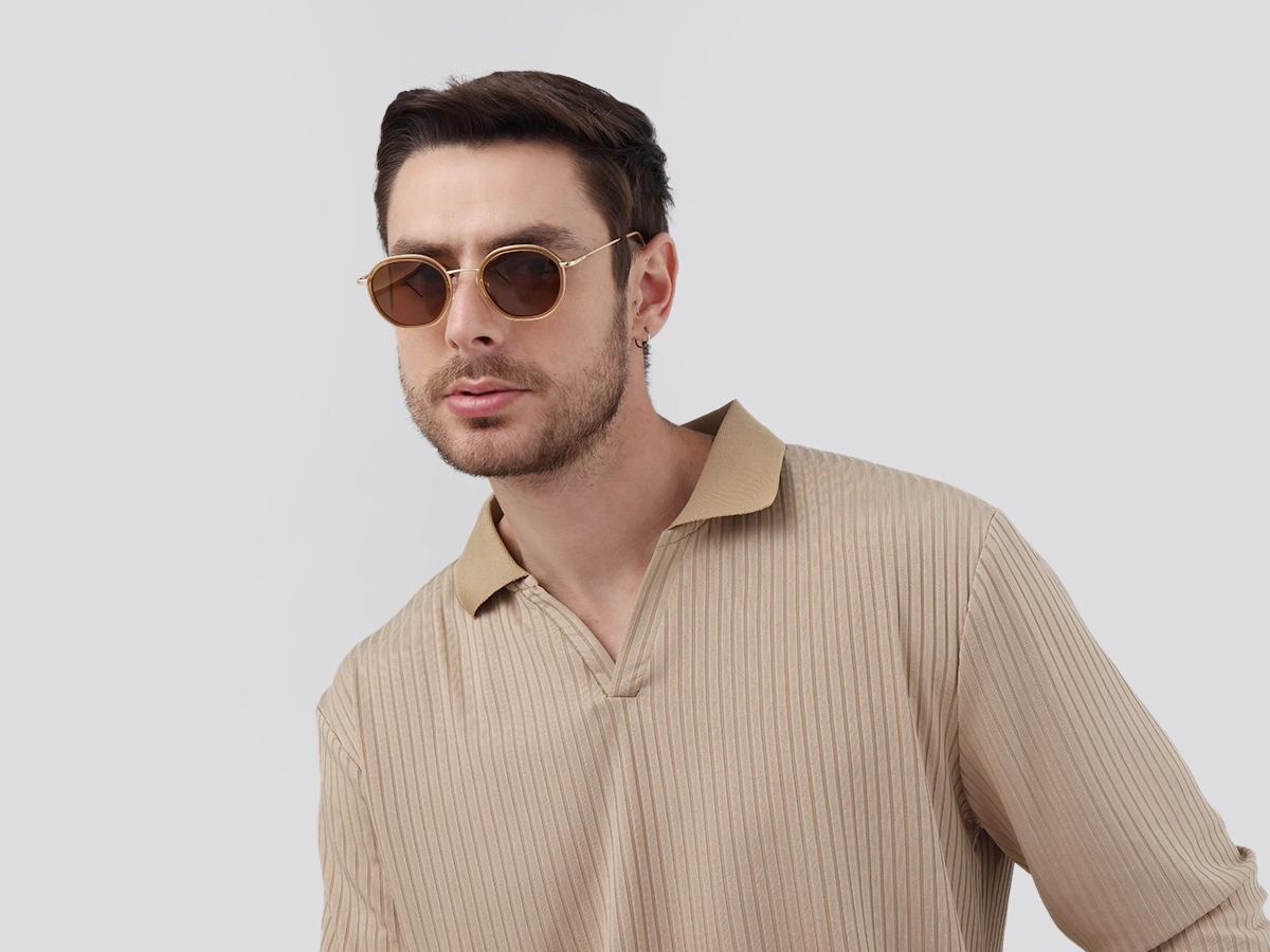 Crystal Champagne Gold Round Sunglasses | Specscart-1