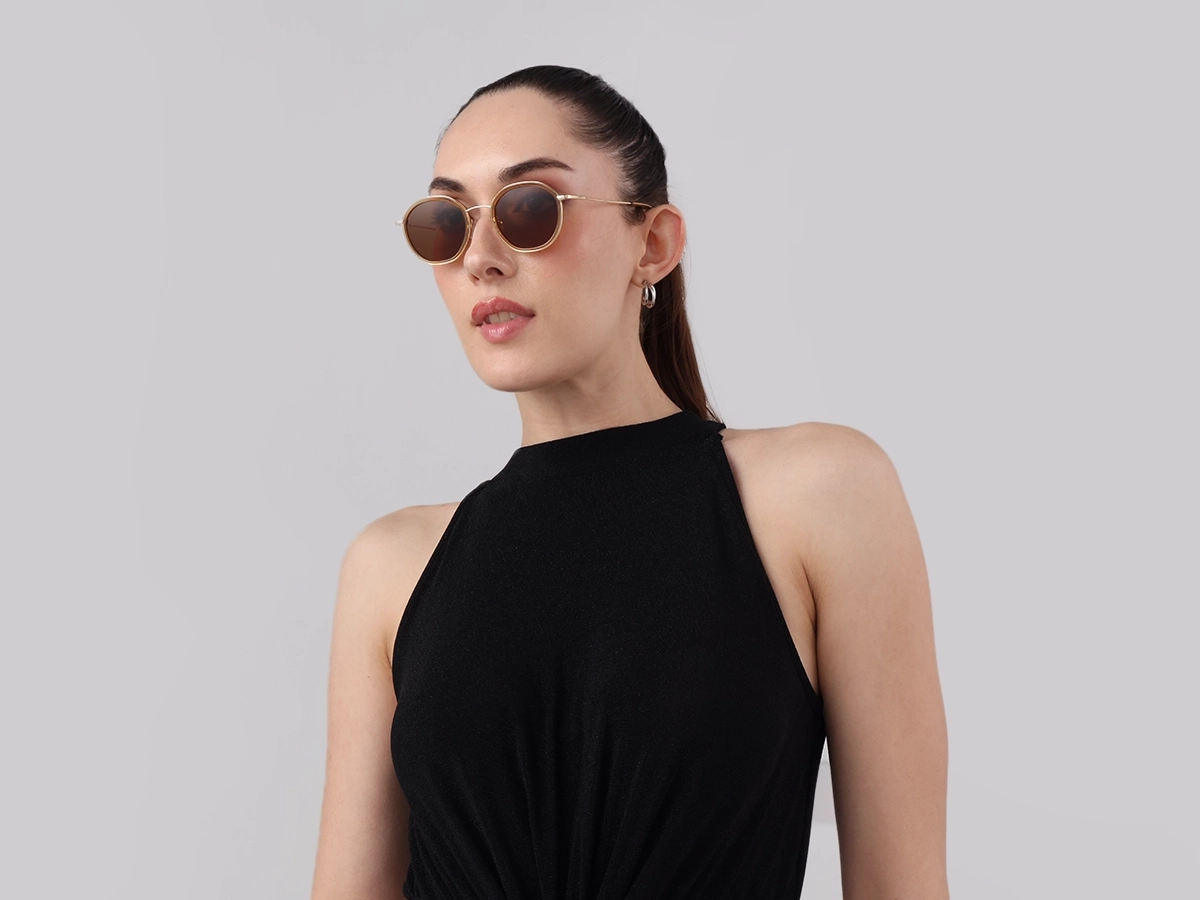 Crystal Champagne Gold Round Sunglasses | Specscart-1
