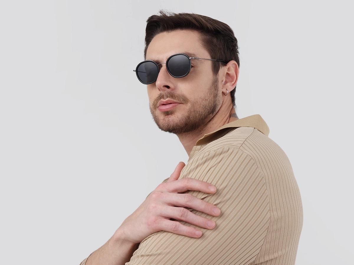 Black & Gunmetal Round Sunglasses | Specscart-1