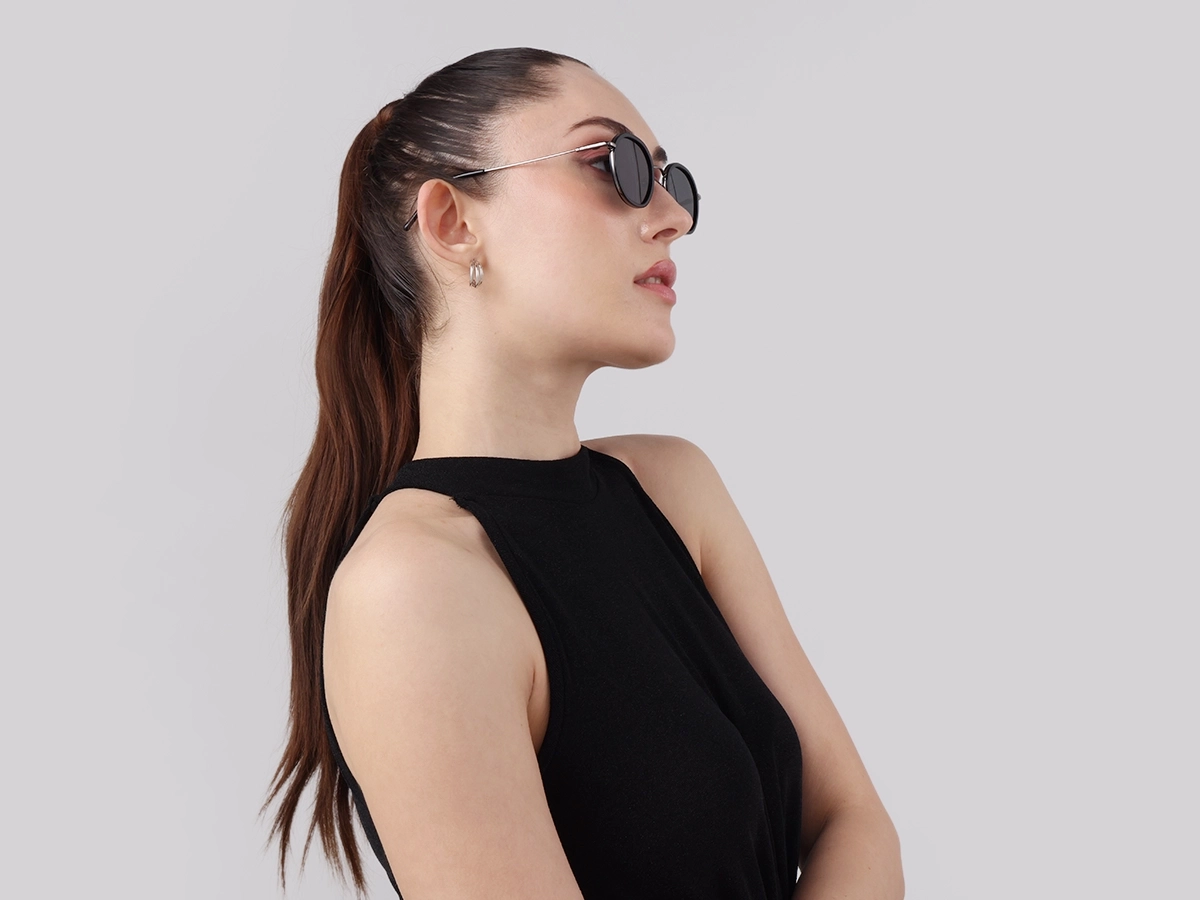 Black & Gunmetal Round Sunglasses | Specscart-1