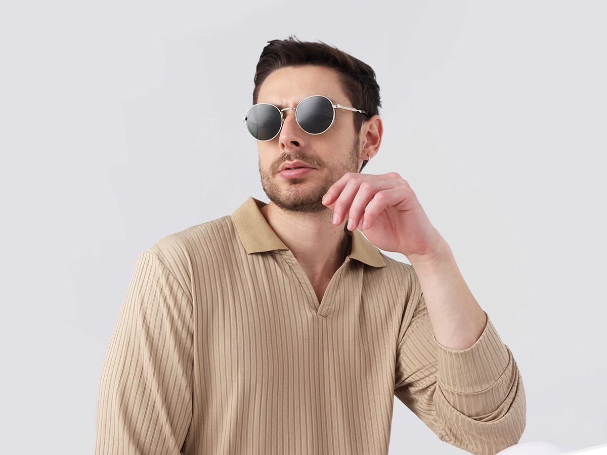 Champagne Gold Round Metal Sunglasses | Specscart-1