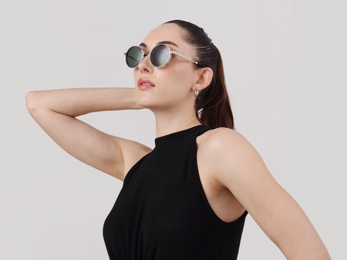 Champagne Gold Round Metal Sunglasses | Specscart-1
