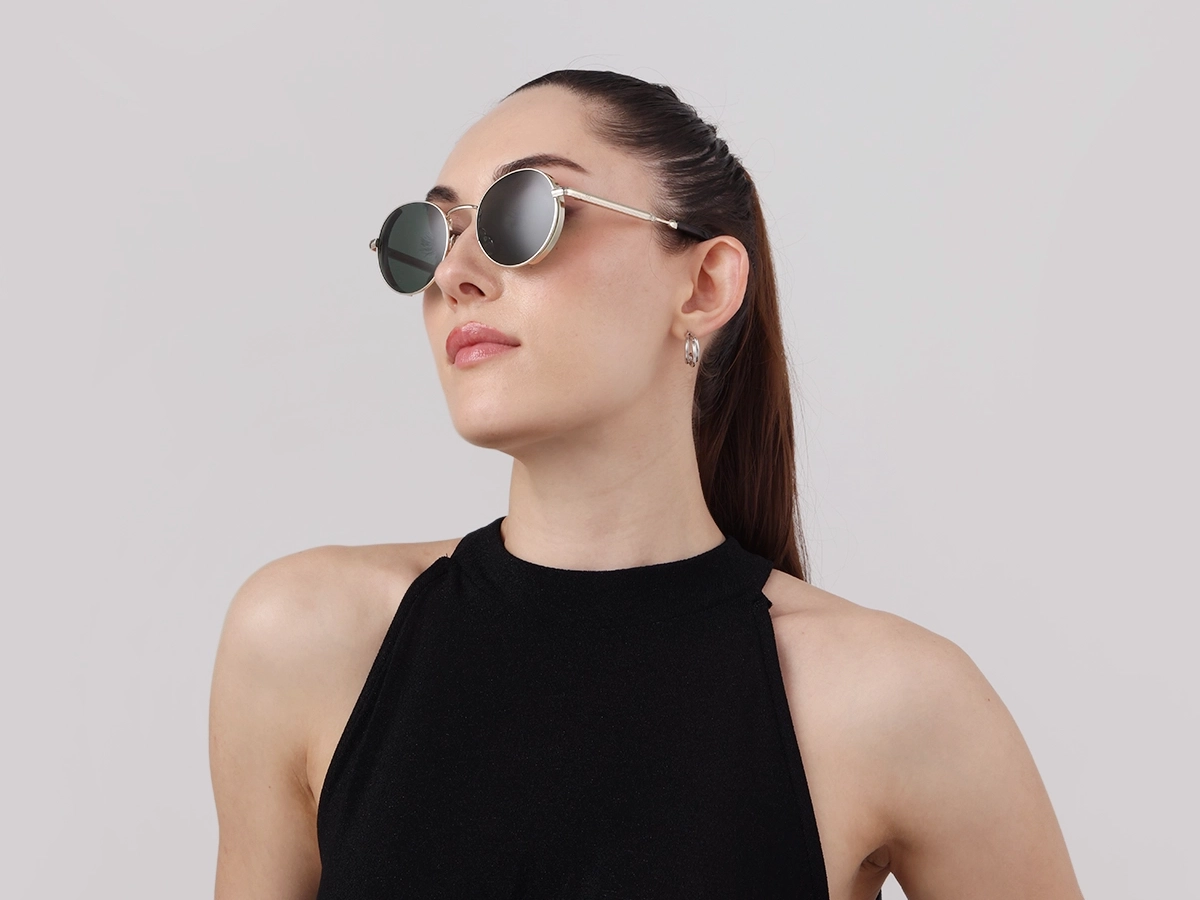 Champagne Gold Round Metal Sunglasses | Specscart-1