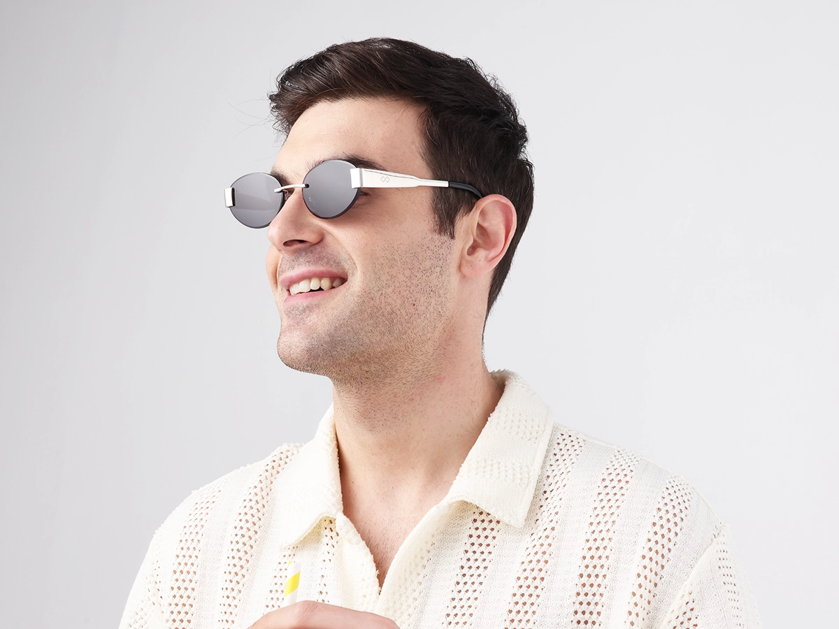 Oval Silver Rimless Sunglasses With Blue Tint-1