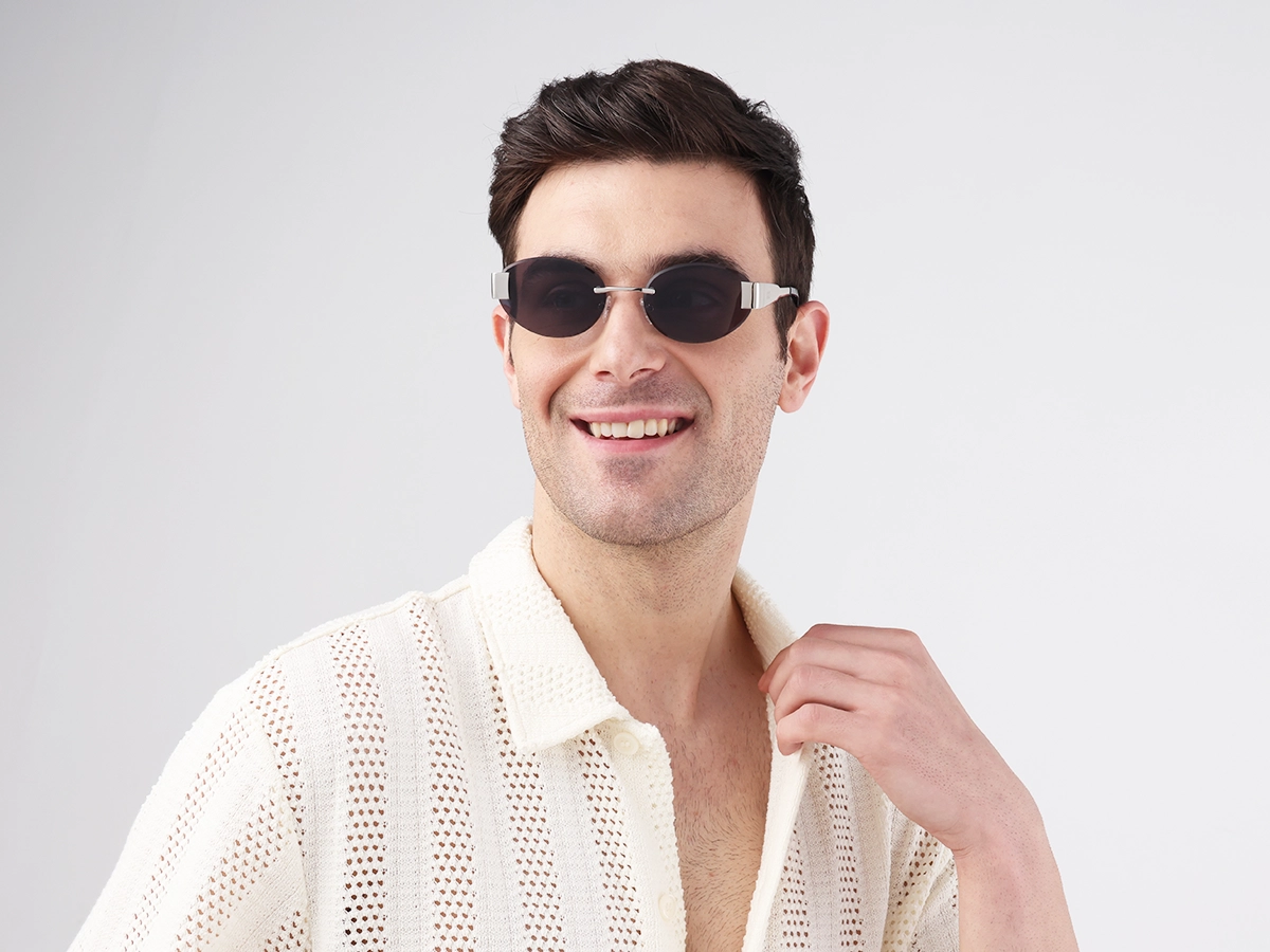 Oval Silver Rimless Sunglasses With Blue Tint-1