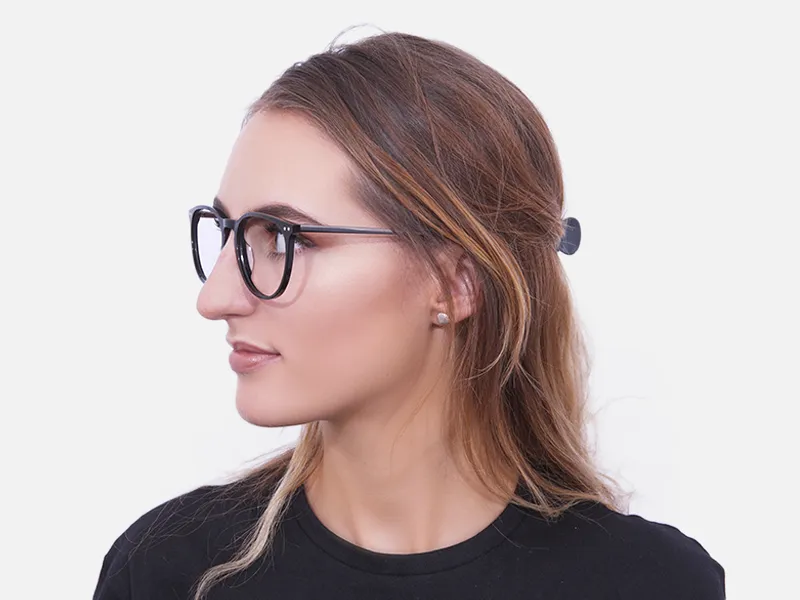 Glossy Black Round Glasses with Slim Arms - 1