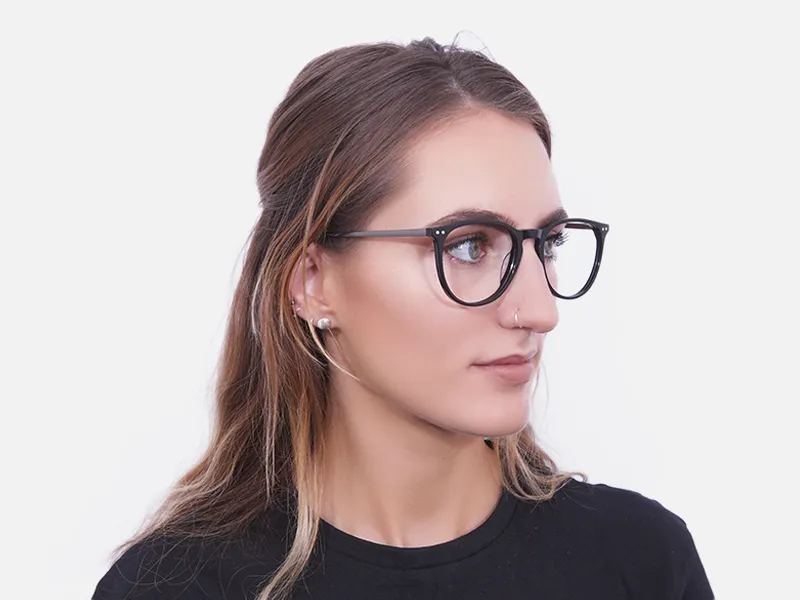 Glossy Black Round Glasses with Slim Arms - 1