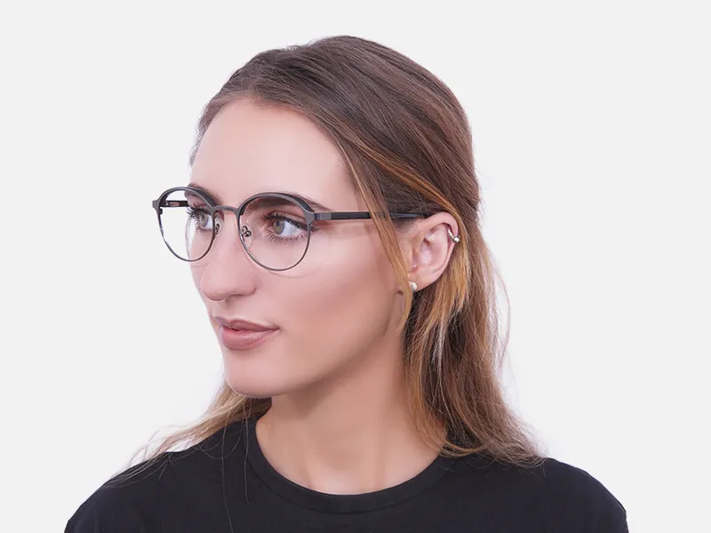 Black Mixed Material Round Glasses - 1