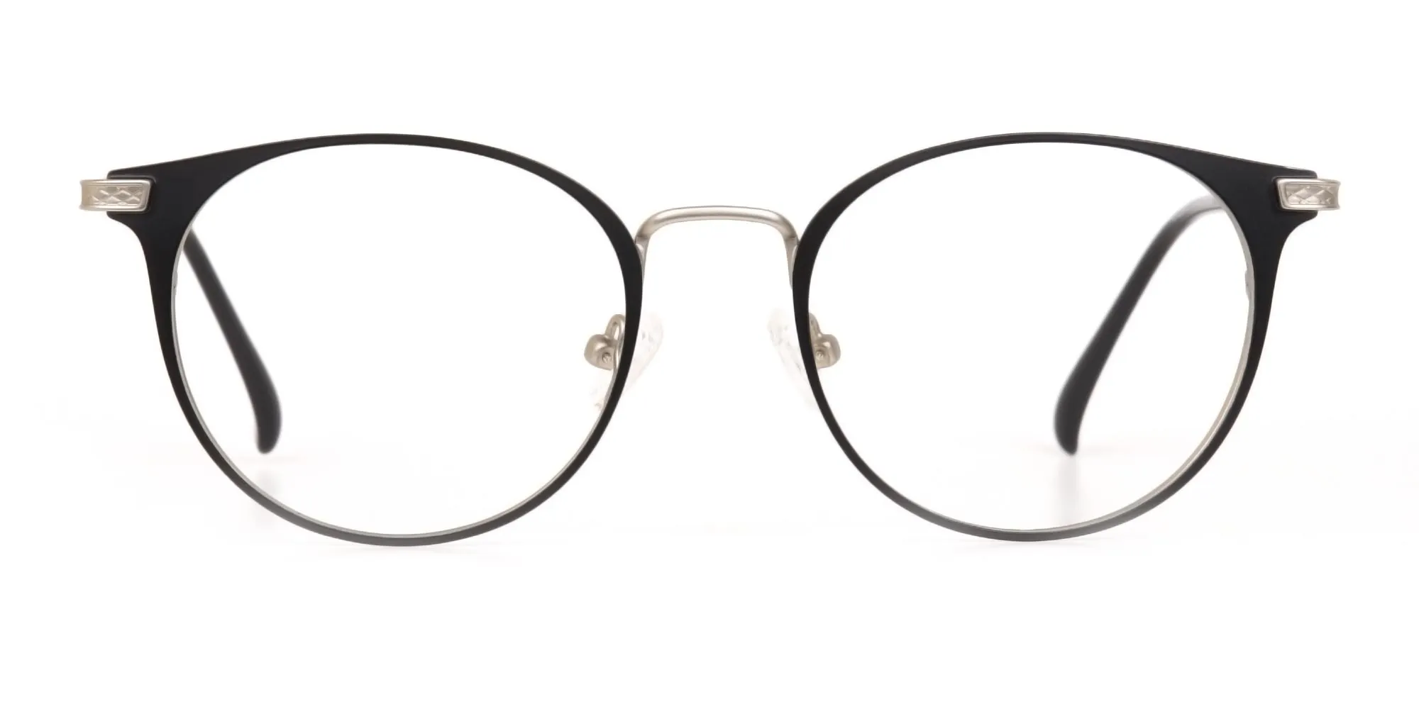 Matte Black and Silver Round Glasses Unisex -2