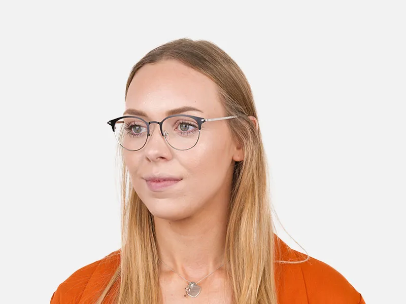 Silver & Black Keyhole Browline Glasses in Round - 2
