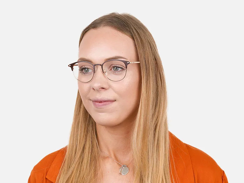 Brown & Gold Keyhole Browline Glasses in Round - 2