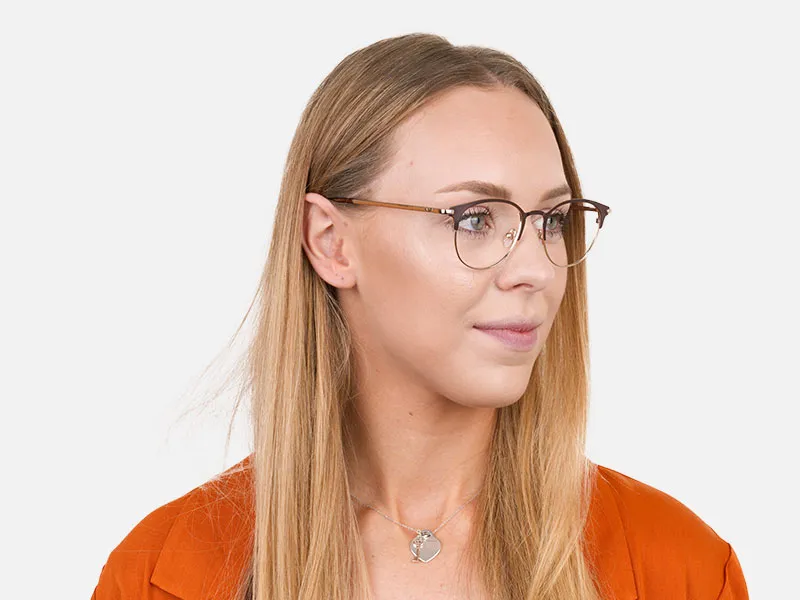 Brown & Gold Keyhole Browline Glasses in Round - 2