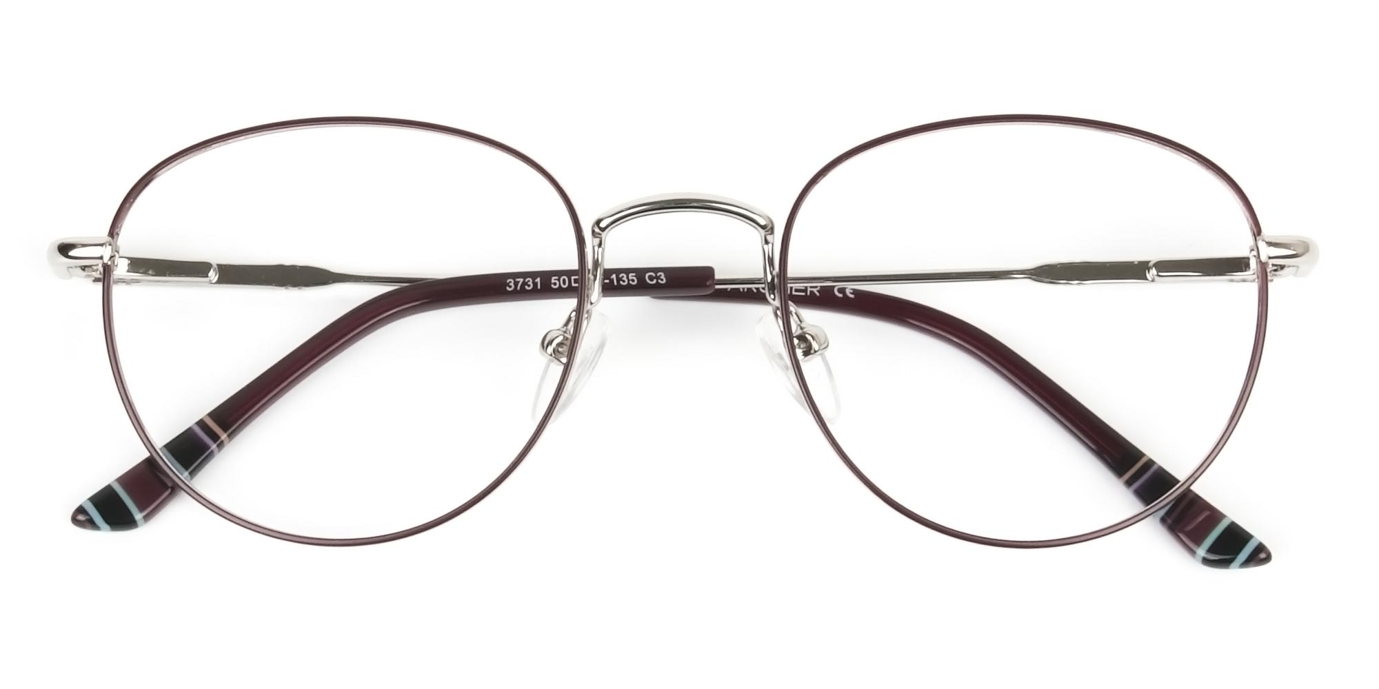 Lightweight Burgundy & Silver Round Spectacles  - 1