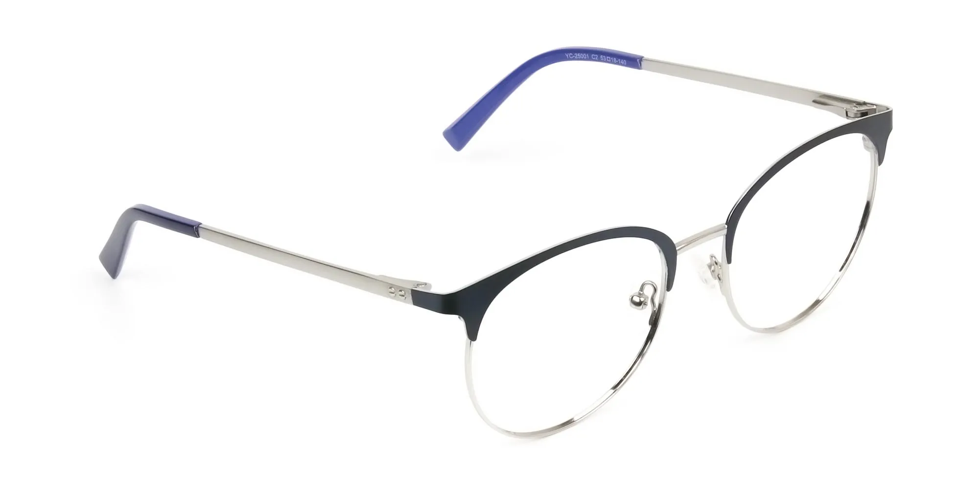 Round Navy Blue Silver Clubmaster Glasses - 2